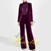 Women's Two Piece Pant's Velvet Jacket and Pants Set Formal Wedding Dress Green Fruit Collar 2Piece 231211