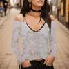 Damesblouses Elegante Boheemse bloemen V-hals Kanten riem Koude schouder Klassieke blouse met shirtmouwen Vrouw T-shirt voor dames