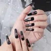 Faux Ongles Noir Français Extra Long Feu Motif Cercueil Faux Avec Colle Ongle Faux Ballerine Nail Art Conseils