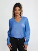 Camicette da donna Wsevypo Office Lady Blu Primavera Autunno Manica lunga Volant Trim Scollo a V Camicie casual Lavoro Daily Chic Camicetta semplice