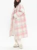 Women's Wool Blends Pink Check Pattern Worn Woolen Coat Suit Collar Jacket Women's Autumn Winter British Style Loose Middle Long Outerwear Female 231211