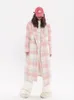 Women's Wool Blends Pink Check Pattern Worn Woolen Coat Suit Collar Jacket Women's Autumn Winter British Style Loose Middle Long Outerwear Female 231211
