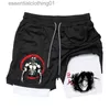 Heren shorts 2-in-1 stretch compression shorts voor mannen anime snel droge atletische sportschool shorts fitness workout running l231212