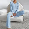 Women's Two Piece Pants Lady Top Trousers Set Ribbed Knit Pajama Cozy Knitted Sweater Stylish V Neck Loose Fit Elastic For Fall/winter