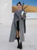 Women's Wool Blends LANMREM Wool Coats For Women Scarf Collar Long Length Irregular Buttons Coat Gray Color Female High End Luxury Clothing 2R7870 231211