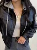 Women's Jackets Black Hooded Leather Jacket Women 2023 Fall Winter Long Sleeve Single Breasted Coats Chic Vintage Spliced Outerwear