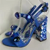 Nette schoenen Luxe print moderne sandaal Blauw en wit porselein Dikke hak Kristal Diamant verfraaid Zomer 231212