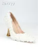 Dress Shoes White Sheep Curly Wool High Heels Single Women Pointed Toe Shallow Wine Cup Pumps Fashion Wedding Party