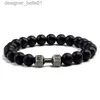 Charme Bracelets Bracelet en pierre volcanique naturelle hommes mat noir Lave perles blanches charme haltère brin Bracelets femmes Baell Fitness bijoux L231214