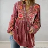 Women's Blouses Women Top V Neck Retro Flower Print Long Sleeve Loose Drawstring Pullover Pleated Mid Length Patchwork Soft Fall Sprin