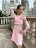 Abbigliamento da palcoscenico Abito da ballo latino con spalle scoperte rosa per ragazze ChaCha Samba Tango Abbigliamento da prestazione Pratica manica lunga per bambini DL11441