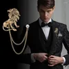 Brooches Korean Fashion Crystal Lion Brooch Animal Tassel Chain Lapel Pins British Style Men's Shirt Collar Badge Clothing Accessories