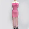 Robes décontractées usine en gros femmes rose plume pleine diamant bretelles sexy célébrité cocktail cocktail robe longue
