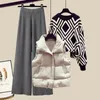 Women s Pants s Small winter wear with a complete set of diamond check sweater retro day lazy cotton coat vest wide leg pants three piece 231212