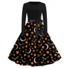 Casual Jurken Halloween Print Flare Jurk Voor Dames Lange Mouw Hol Feestavond Maxi 2023