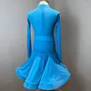 STAGE WEAR Velvet High Collar Blue Latin Dance Day Chacha Rumba Tango Dress for Girls Long Sleeved Performance DN16907