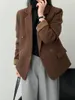 Kvinnors kostymer ner fodrad pläd ull blaer brun jacka kontor smal affär casual lapel coat