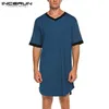 Men's Robes Men's Robes INCERUN Men Sleep Robes Short Sleeve V Neck Nightgown Homewear Comfortable Patchwork Loose Mens Bathrobes Dressing Gown S-5XL 231212