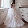Simple Long Ivory Flower Girl Dresses Jewel Neck Beaded Tulle Sleeveless Ball Gown Floor Length Custom Made for Wedding Party