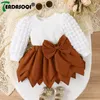 Clothing Sets 324M born Baby Girl Clothes Plaid Bubble Pit Long Sleeve TopsBowknot Layered Short Skirt 2Pcs Kids Girls Outfits 231211