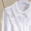 Women's Blouses Cotton Women White Shirts Autumn 2023 Turn-Down Lace Hollow Out Elegant Office Lady Buttoming Blouse Outwear Tops