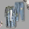 Women's Two Piece Pants 2 Pcs/Set Stylish Ninth Women Set Wide Leg Floral Printing Loose Type Shirt Trousers Cardigan