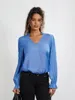 Kvinnors blusar WSEVYPO Office Lady Blue Spring Fall Long Sleeve Ruffle Trim V Neck Casual Shirts Work Daily Chic Plain Blouse