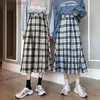 Skirts College Style Blue Plaid Plus Size Midi Skirt For Women Spring Summer Elastic A-line High Waist Pleated Skirt Casual Sweet SkirtL231212