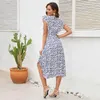 Abiti casual Orlo fluente Abito estivo Stampa floreale Bohemia Elegante scollo a V midi con volant Cintura a vita alta divisa