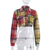 Kvinnors blusar Autumn Plaid Women Shirt Jacket Crop Top Pocket Checkered Button Up Cardigan Vintage Cotton Long Sleeve Blue Streetwear