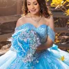 Abiti Quinceanera lucidi blu cielo per ragazze dolci 16 Perline Appliques Abiti da ballo principessa Sweetheart Lunghezza pavimento Tull 15 Abiti