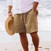 Shorts masculinos 2023 primavera verão praia mens cor sólida cordão tie-up algodão linho calça curta para roupas soltas retro