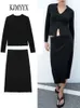 Two Piece Dress Robe deux pièces KJMYYX jupe ensembles été femmes mode à manches longues haut tricot femme décontracté noir manteaux élégant fendu a-ligne jupes mi-longues 231212