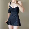캐주얼 드레스 Y2K 레트로 레이스 패치 워크 스트랩 보우 검은 드레스 미니 패션 미적 클럽 파티 여성용 의상을위한 섹시
