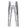 Men's Pants Fashion Silver Coated Metallic For Men 2023 PU Faux Motorcycle Straight Leg Trousers Nightclub Stage Costume