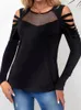 Women's T Shirts Cut Out Thin Neckline Net Silver Slim Fit Long-Sleeved T-shirt