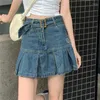 Skirts Kawaii Girl Denim Skirt Womens Pleated Y2k Fashion Casual College Style High Waist Slim Goth Mini A Word Short