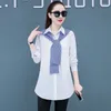 Blusas femininas de comprimento médio camisa vintage azul branco primavera outono roupas ol moda coreana mulheres tops camisas