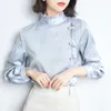 Damesblouses zijdeachtige satijnen kraag met lange mouw casual blouse dames shirt lente herfst kantoor dame elegant chic slanke zilveren grijs top