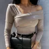 Camicette da donna T-shirt autunnale elegante Camicetta slim senza spalline con collo obliquo e spalle scoperte
