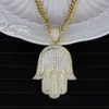 Hip Hop mode bijoux cuivre glacé Zircon plaqué or Fatima Hamsa main pendentif palmier collier