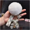 Anéis -chave fofos keychains de pompom moda gato de ursinho de ursinho de ursinho de ursinho de corda de corda de corda de corda para femininos de couro de couro de couro