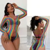 Women Rainbow Fishnet Sexy Mesh Hollow Out See Through Bodysuit Ladies Erotic Transparent Seductive Bodycon Underwear sexy