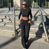 Calças femininas de duas peças Mulheres Outono Casual 2 Outfits Manga Longa Tripulação Pescoço Crop Tops e Cintura Baixa Flare Lounge Sets Tracksuits