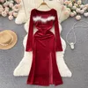 Casual Dresses YuooMuoo Romantische Pelz Patchwork Frauen Samt Langes Kleid Sexy Paket Hüften Hohe Split Roben Rot Schwarz Weihnachtsfeier