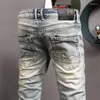 Men's Jeans Streetwear Fashion Men Retro Yellow Blue Elastic Slim Fit Ripped Embroidery Designer Hip Hop Denim Pants Hombre