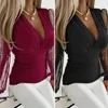 Blusas femininas de manga comprida blusa de malha elegante cor sólida superior lantejoulas emenda decote em v pulôver para primavera de escritório