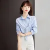 Blusas femininas listra capa manga longa lapela botão camisa azul mulheres topos primavera outono escritório senhora elegante fino ajuste coreano blusa casual