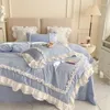 Ensembles de literie élégant dentelle luxe linge de lit princesse lavé coton volant housse de couette et taies d'oreiller pour fille