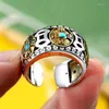 Cluster Rings 925 Silver Inlaid Copper Coin Turquoise Rotating Mens Vintage Ethnic Style Classic Masculinity Banquet Jewelry Opening